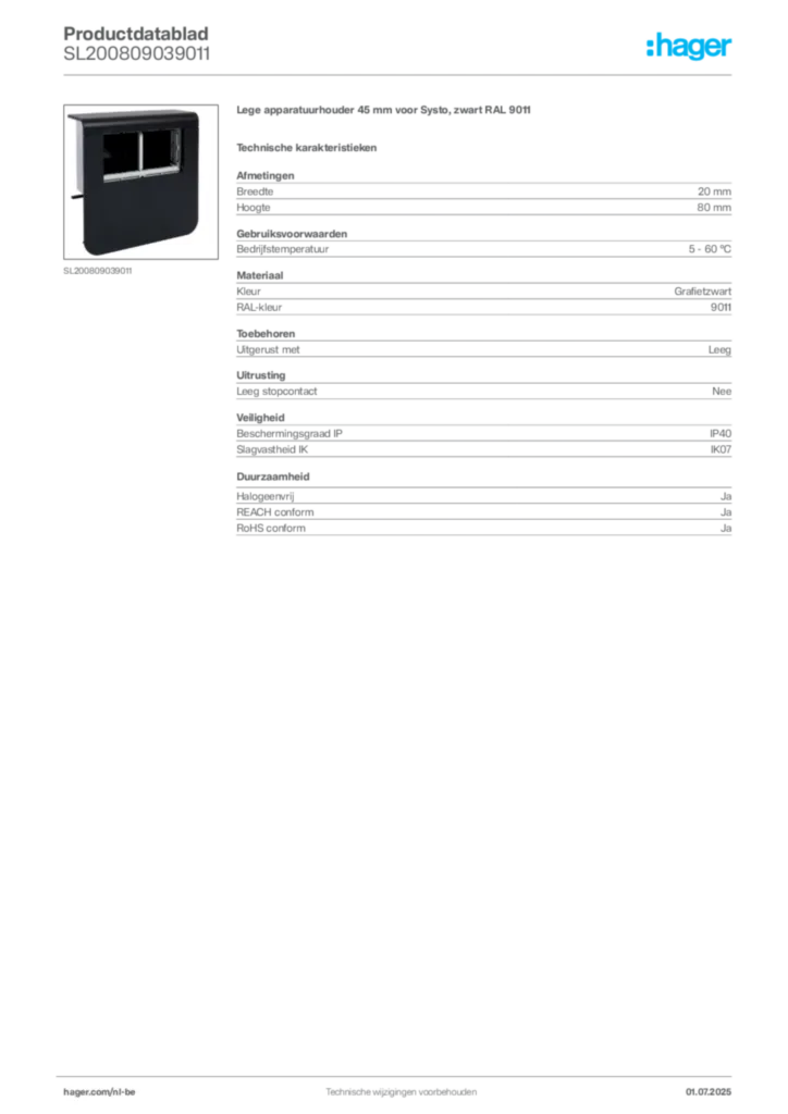 Afbeelding Hager Productdatablad SL200809039011 | Hager Belgium