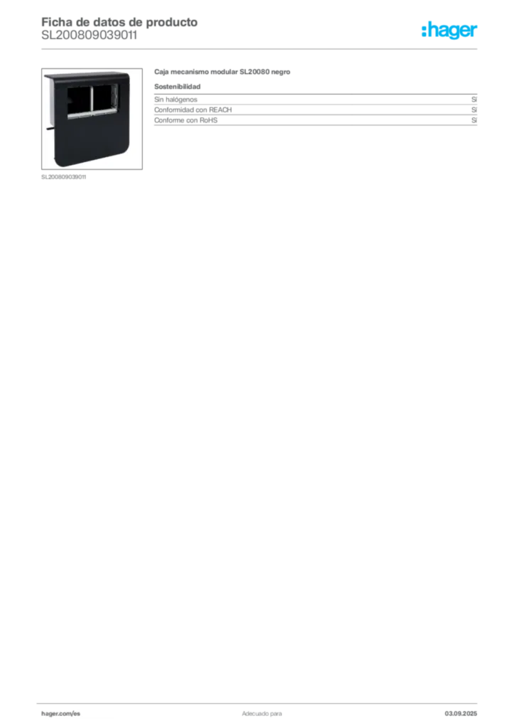 Imagen Hager Ficha de datos de producto SL200809039011 | Hager España