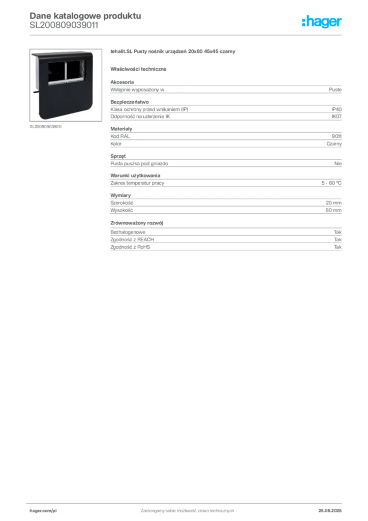 Zdjęcie Hager Dane katalogowe produktu SL200809039011 | Hager Polska