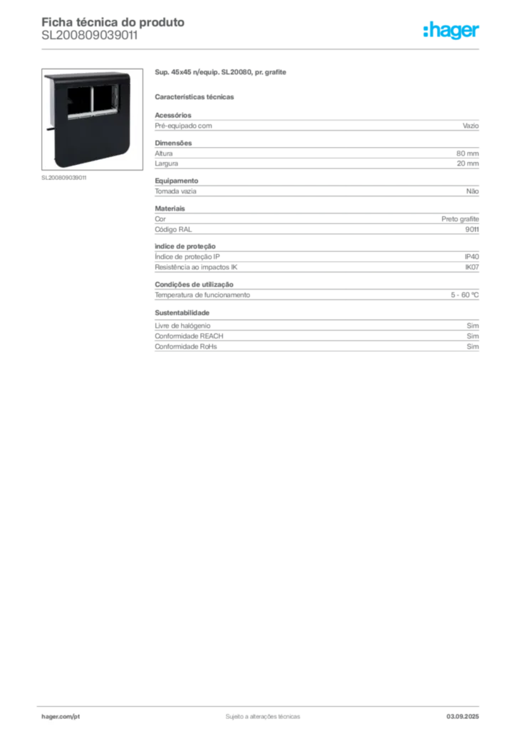 Imagem Hager Ficha técnica do produto SL200809039011 | Hager Portugal