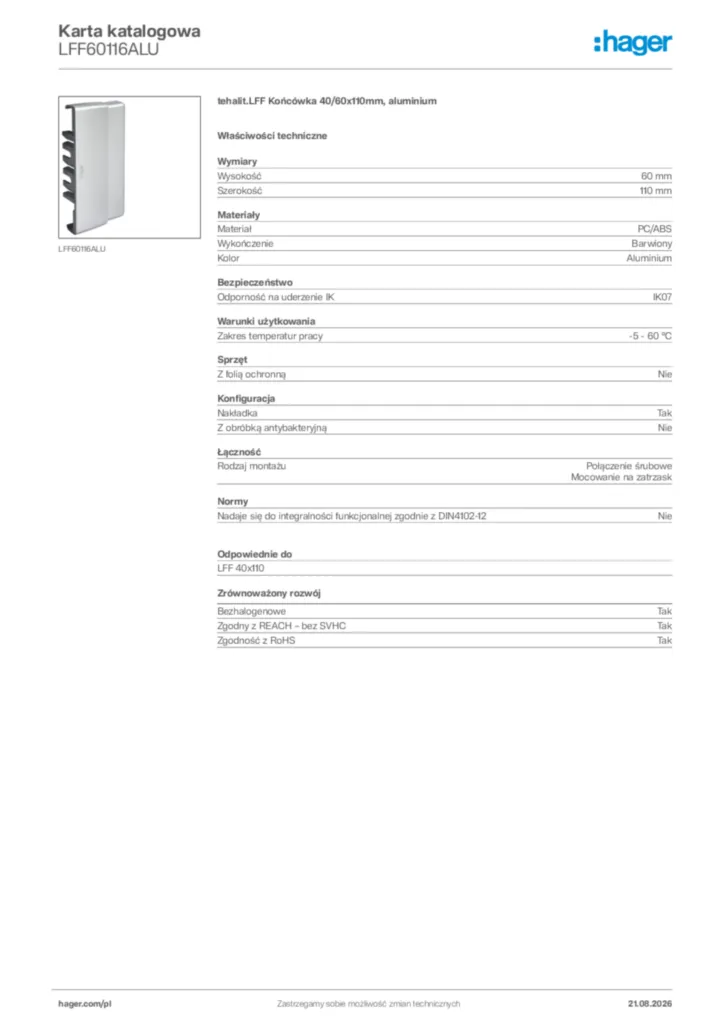 Zdjęcie Hager Karta katalogowa LFF60116ALU | Hager Polska