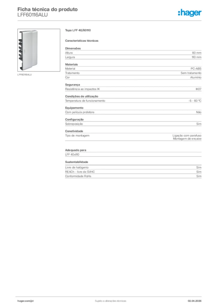 Imagem Hager Ficha técnica do produto LFF60116ALU | Hager Portugal