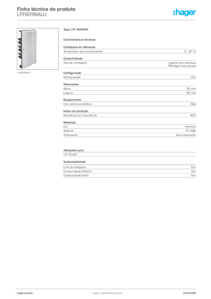Imagem Hager Ficha técnica do produto LFF60116ALU | Hager Portugal