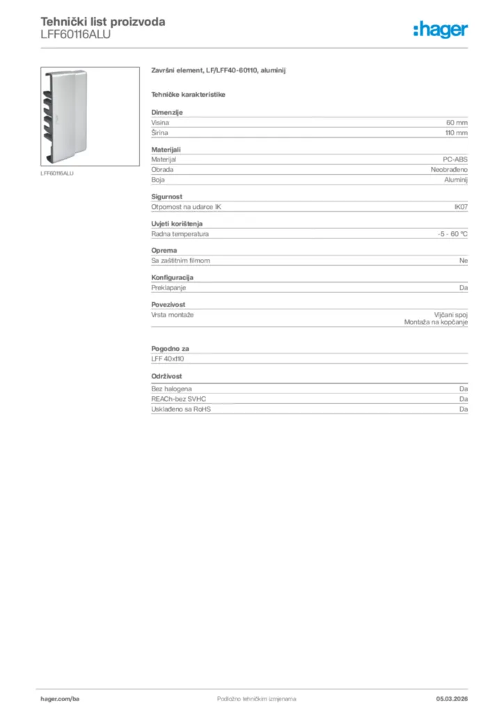 Slika Hager Tehnički list proizvoda LFF60116ALU  | Hager