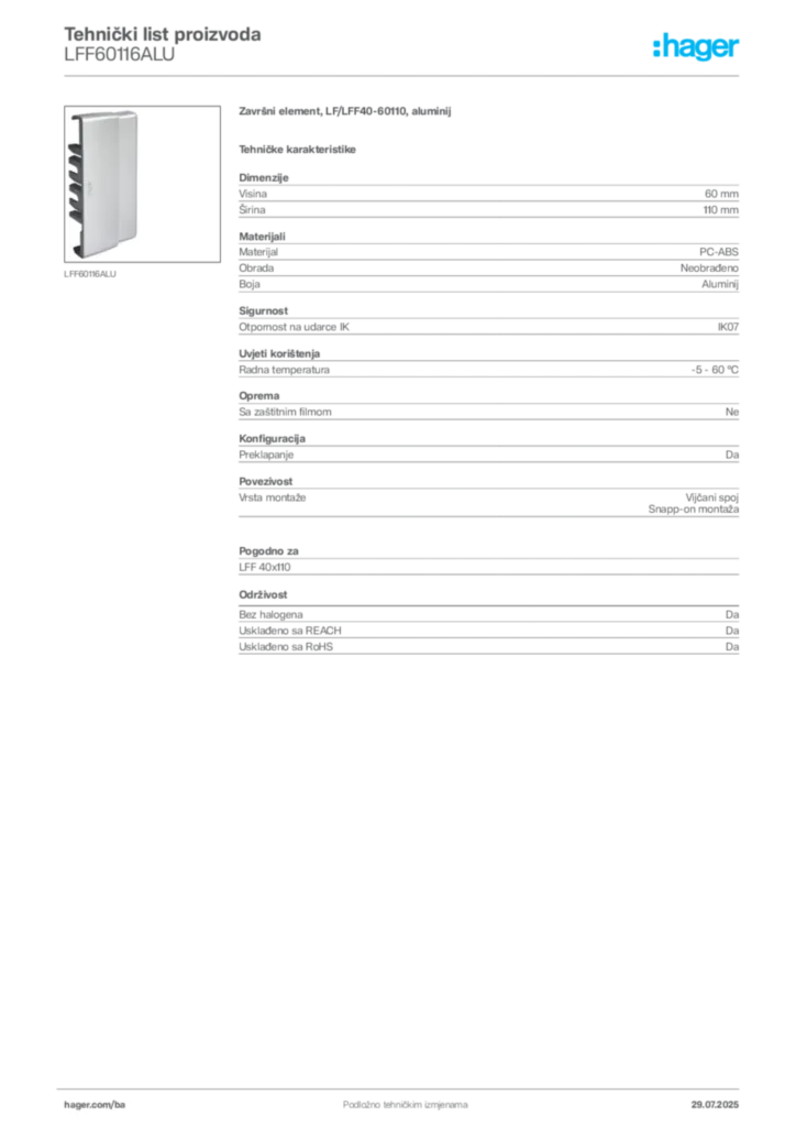 Slika Hager Product data sheet LFF60116ALU  | Hager
