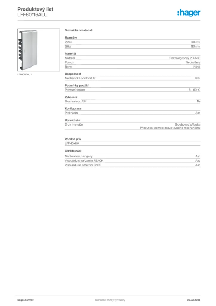Obrázek Hager Product data sheet LFF60116ALU | Hager