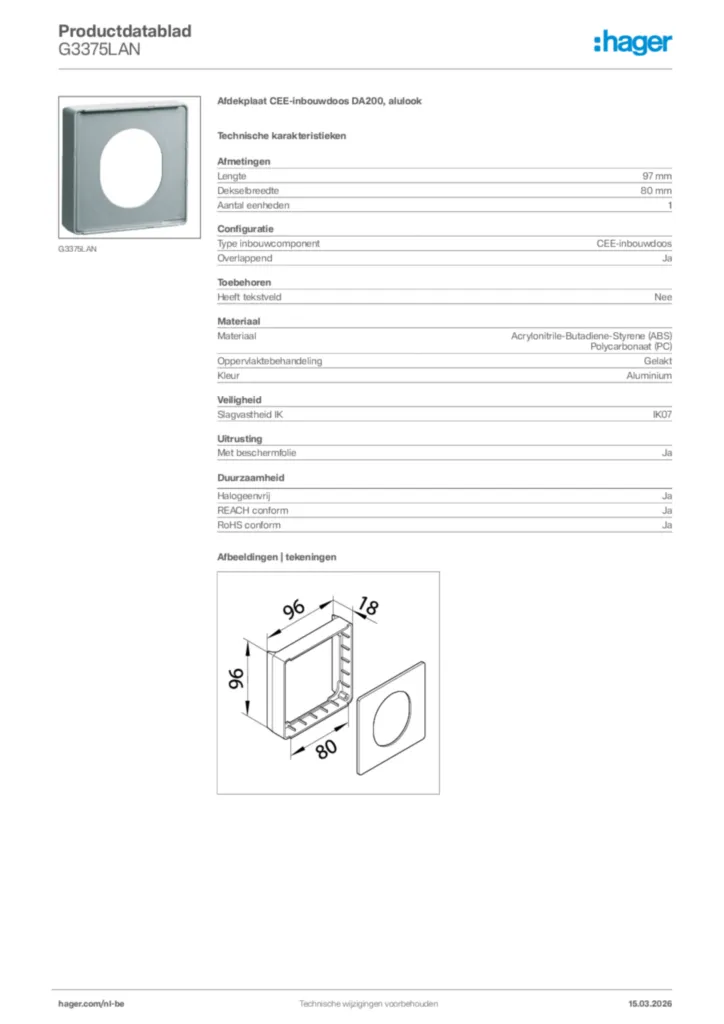 Afbeelding Hager Productdatablad G3375LAN | Hager Belgium