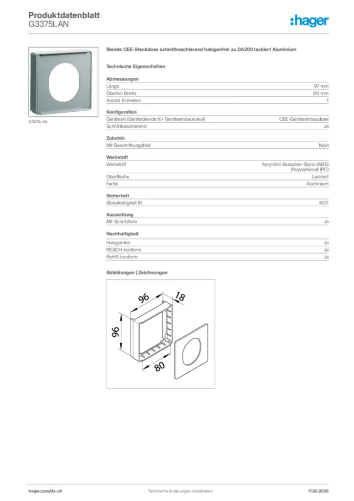 Bild Hager Produktdatenblatt G3375LAN | Hager Schweiz
