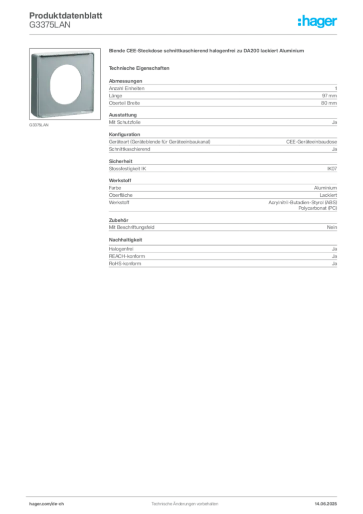 Bild Hager Produktdatenblatt G3375LAN | Hager Schweiz