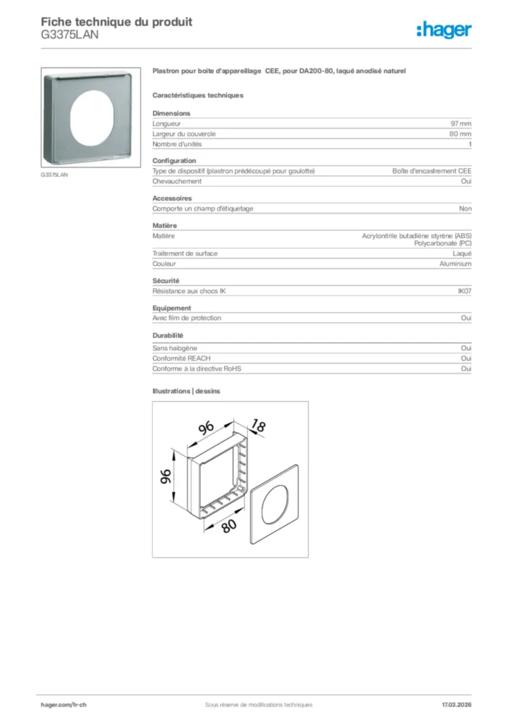 Image Hager Fiche technique du produit G3375LAN | Hager Suisse