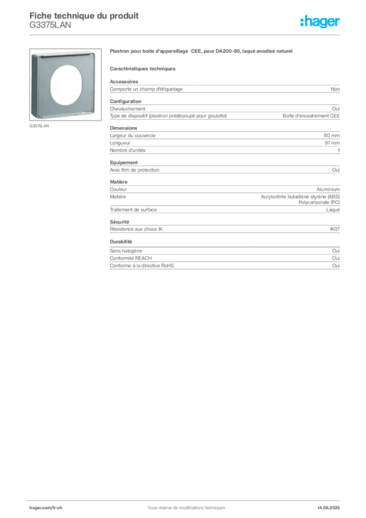 Image Hager Fiche technique du produit G3375LAN | Hager Suisse