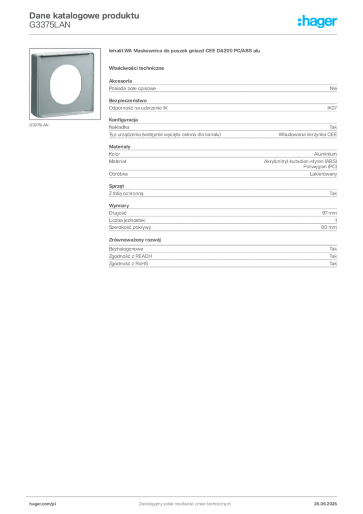 Zdjęcie Hager Dane katalogowe produktu G3375LAN | Hager Polska