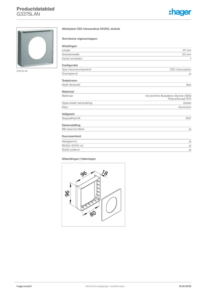 Afbeelding Hager Productdatablad G3375LAN | Hager Nederland
