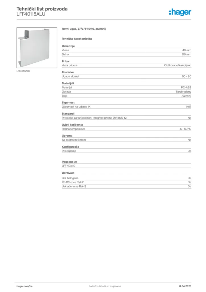 Slika Hager Tehnički list proizvoda LFF40115ALU  | Hager