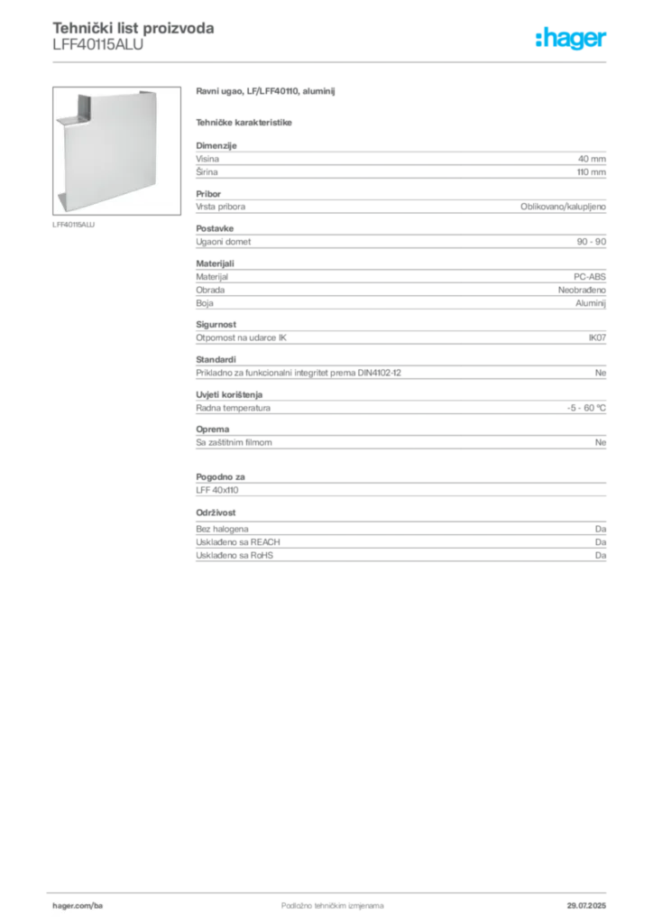 Slika Hager Product data sheet LFF40115ALU  | Hager