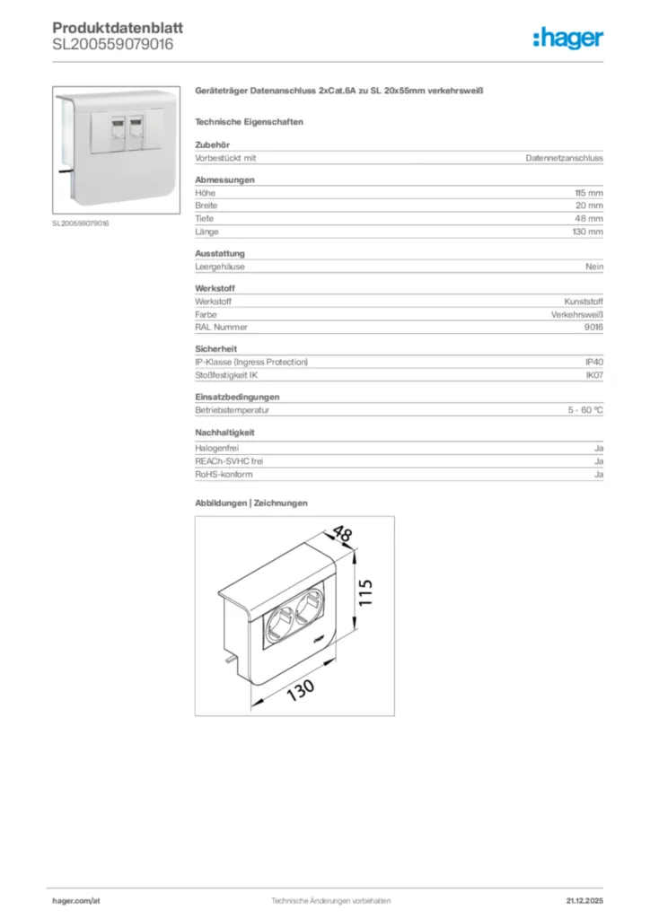 Bild Hager Produktdatenblatt SL200559079016 | Hager Deutschland