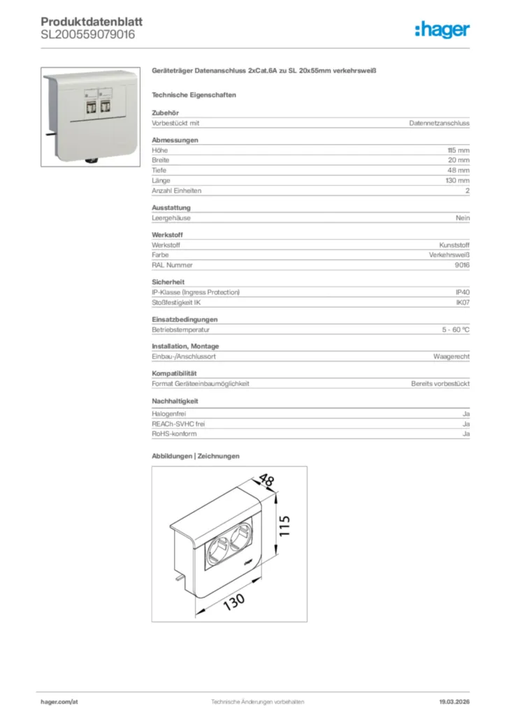 Bild Hager Produktdatenblatt SL200559079016 | Hager Deutschland