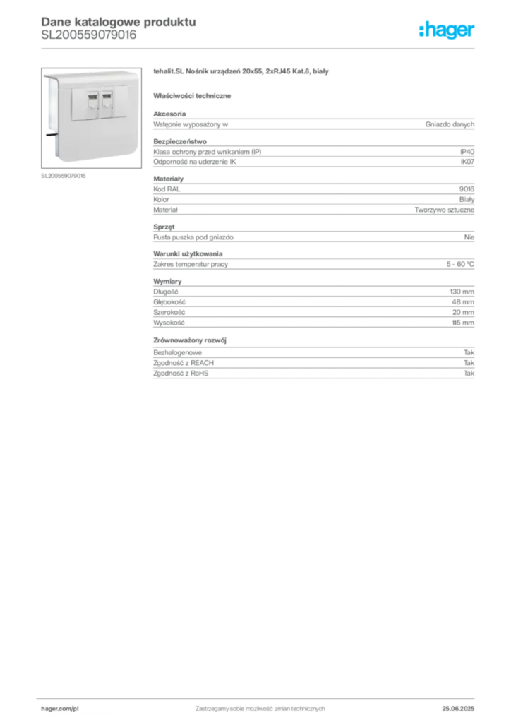 Zdjęcie Hager Dane katalogowe produktu SL200559079016 | Hager Polska
