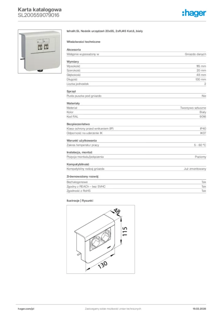 Zdjęcie Hager Karta katalogowa SL200559079016 | Hager Polska
