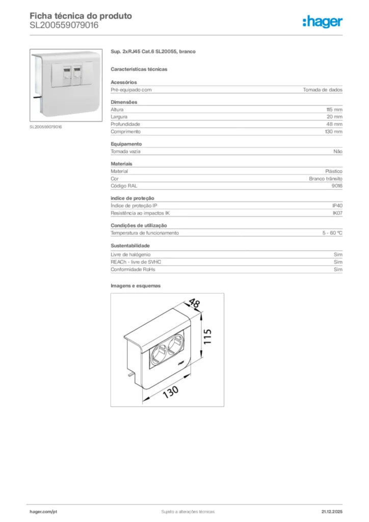 Imagem Hager Ficha técnica do produto SL200559079016 | Hager Portugal