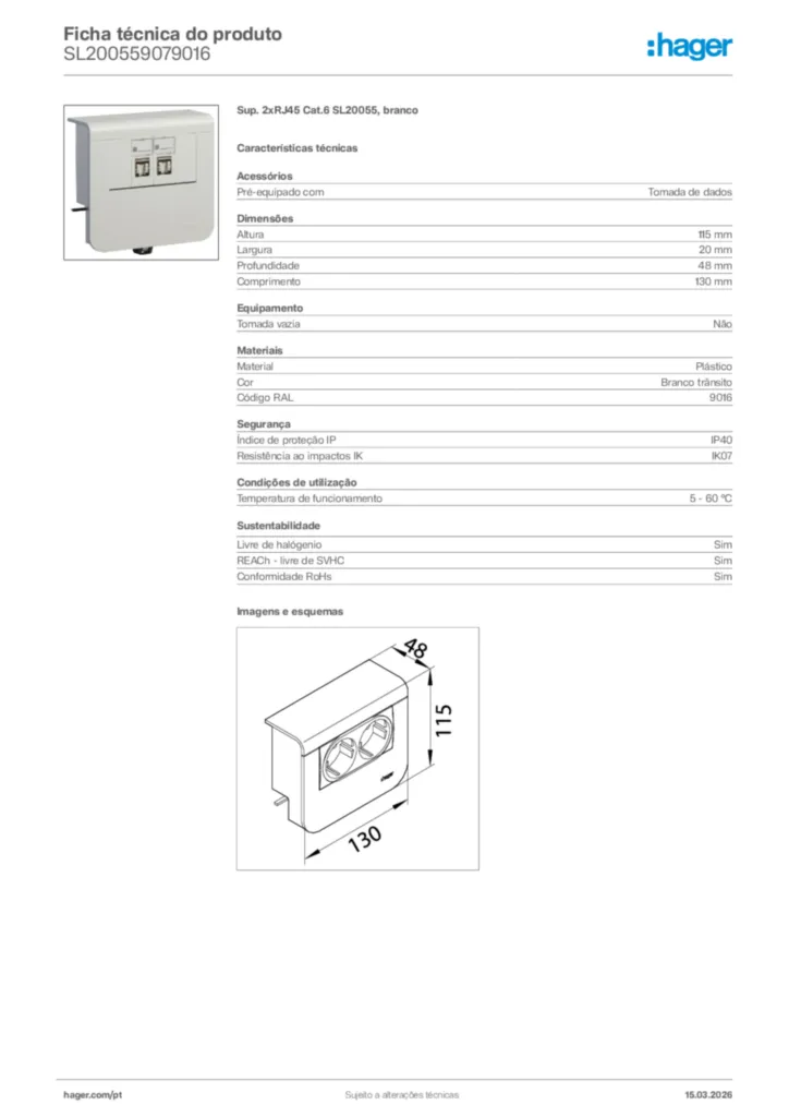 Imagem Hager Ficha técnica do produto SL200559079016 | Hager Portugal