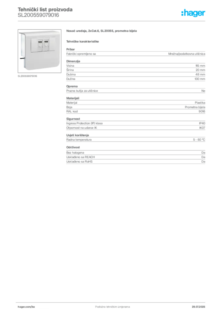 Slika Hager Product data sheet SL200559079016  | Hager
