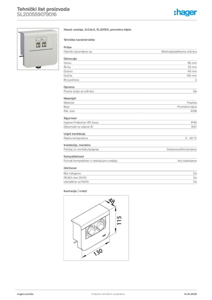 Slika Hager Tehnički list proizvoda SL200559079016  | Hager