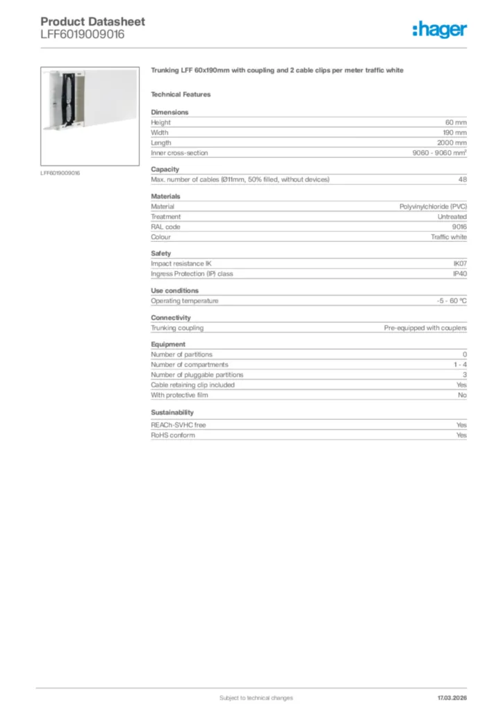 Image Hager Product data sheet LFF6019009016  | Hager Africa