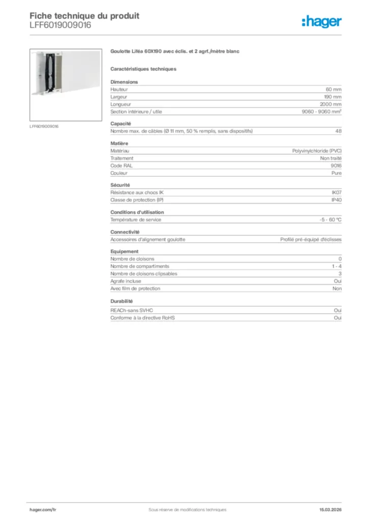 Image Hager Fiche technique du produit LFF6019009016 | Hager France