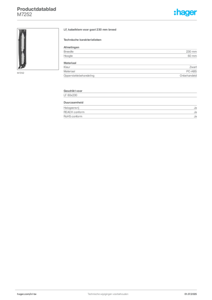 Afbeelding Hager Productdatablad M7252 | Hager Belgium