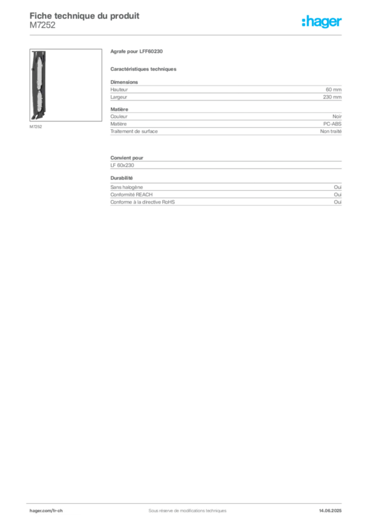 Image Hager Fiche technique du produit M7252 | Hager Suisse