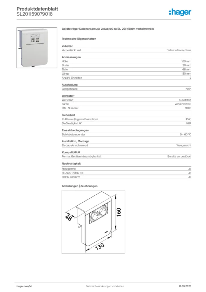 Bild Hager Produktdatenblatt SL201159079016 | Hager Deutschland