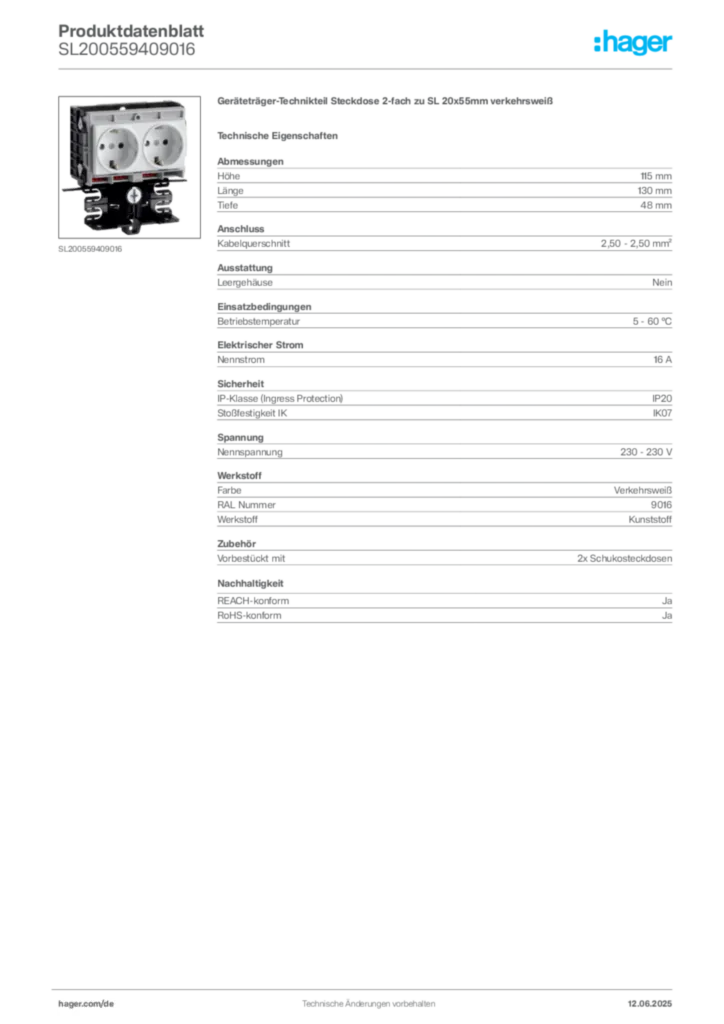 Bild Hager Produktdatenblatt SL200559409016 | Hager Deutschland