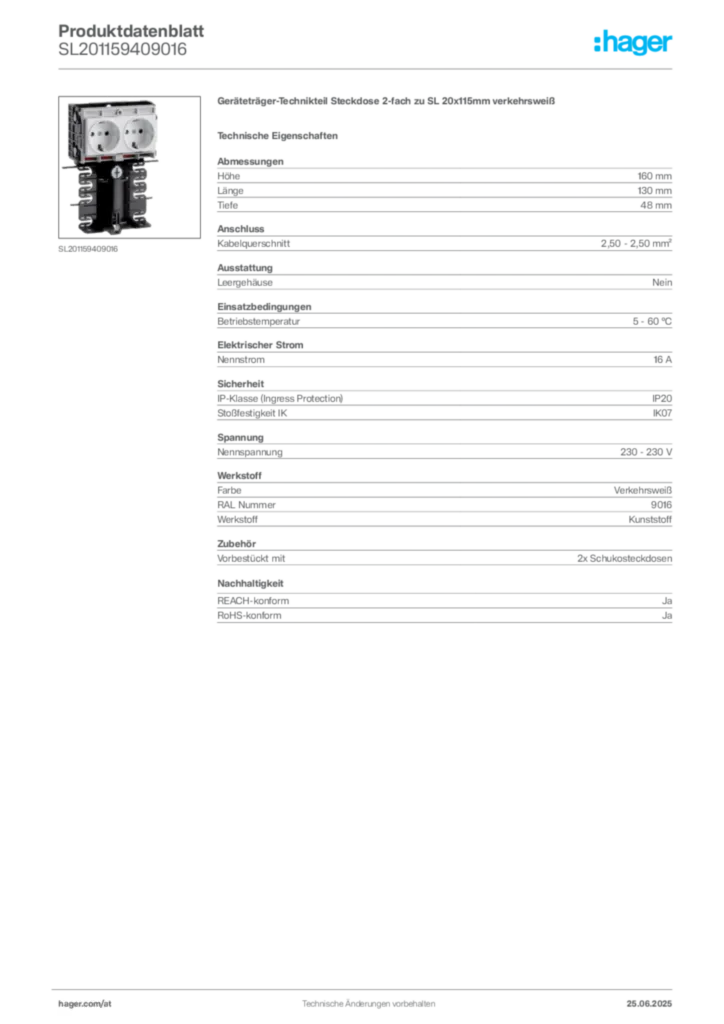Bild Hager Produktdatenblatt SL201159409016 | Hager Deutschland
