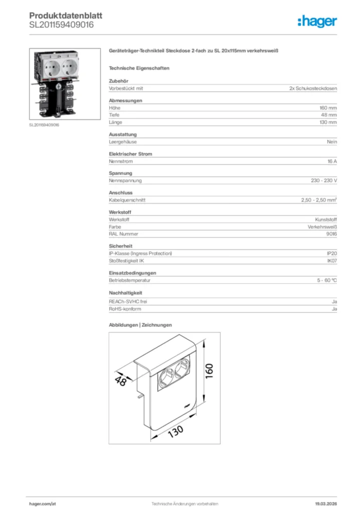Bild Hager Produktdatenblatt SL201159409016 | Hager Deutschland