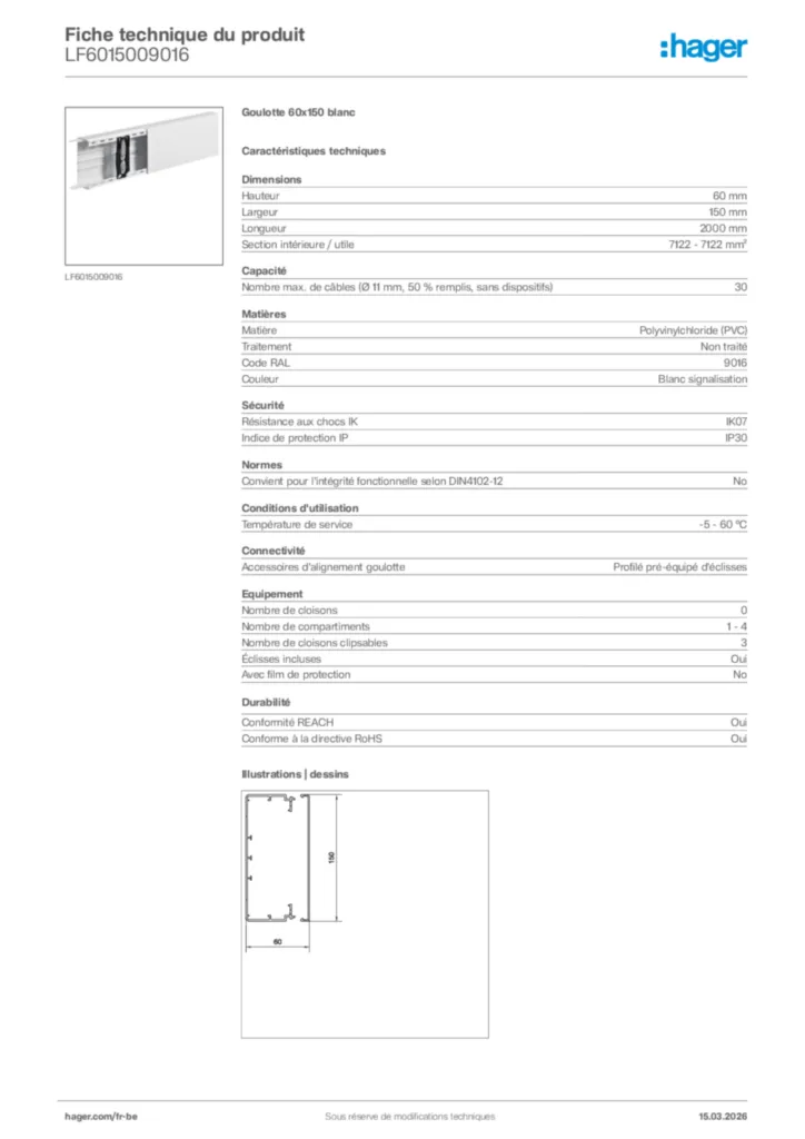 Image Hager Fiche technique du produit LF6015009016 | Hager Belgique