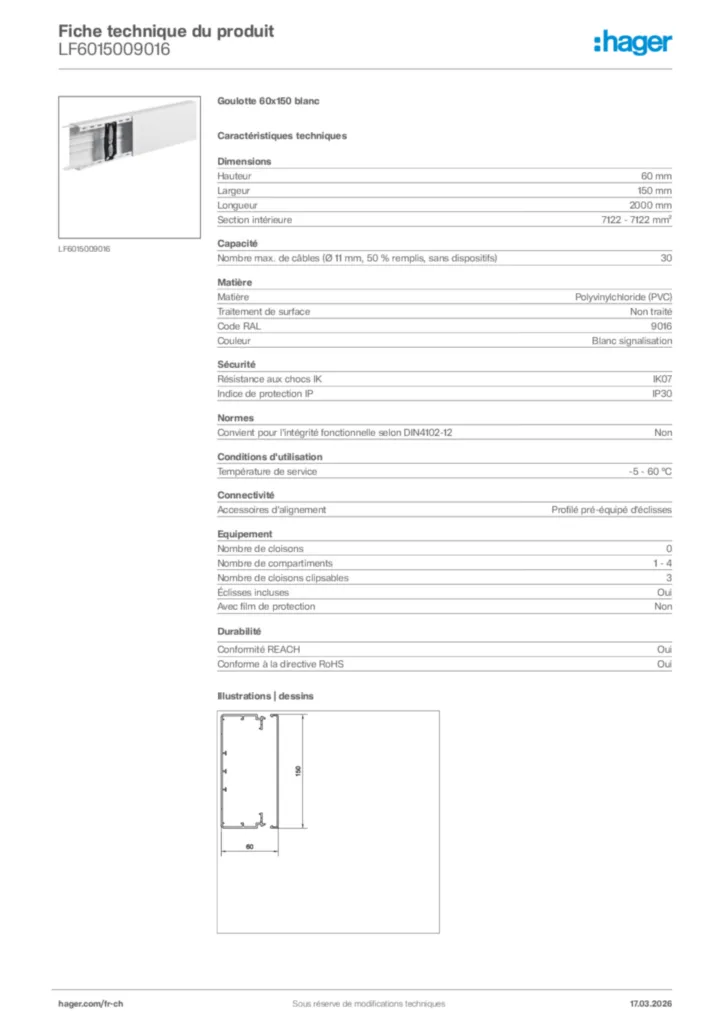 Image Hager Fiche technique du produit LF6015009016 | Hager Suisse