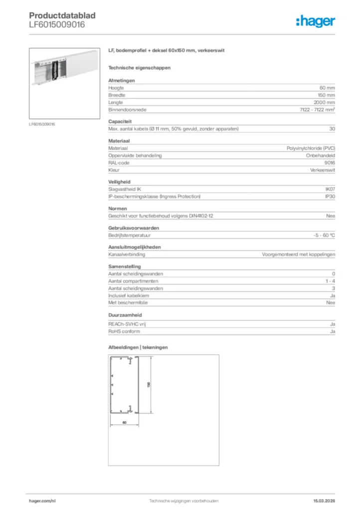 Afbeelding Hager Productdatablad LF6015009016 | Hager Nederland