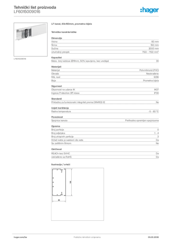 Slika Hager Tehnički list proizvoda LF6015009016  | Hager