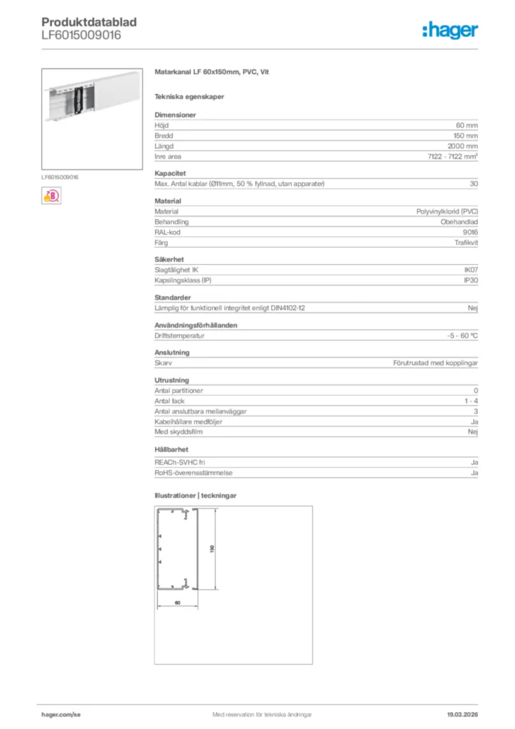 Bild Hager Produktdatablad LF6015009016 | Hager Sverige