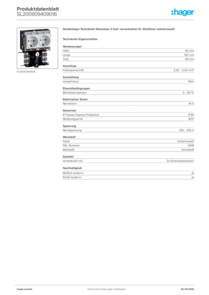 Bild Hager Produktdatenblatt SL200809409016 | Hager Deutschland