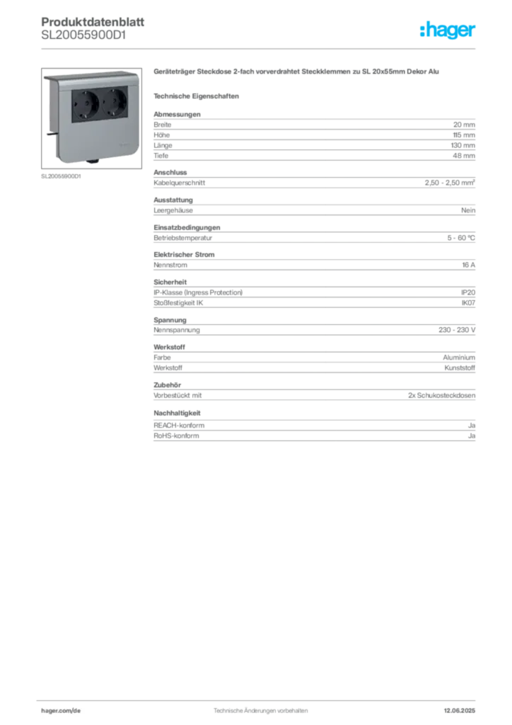 Hager Produktdatenblatt SL20055900D1