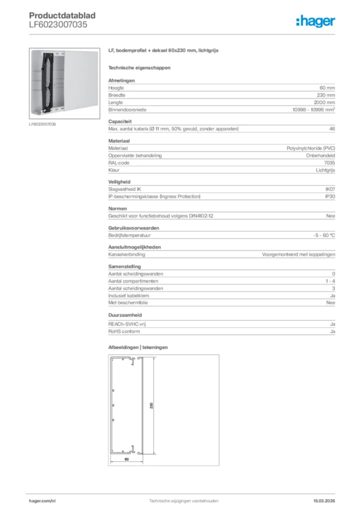 Afbeelding Hager Productdatablad LF6023007035 | Hager Nederland