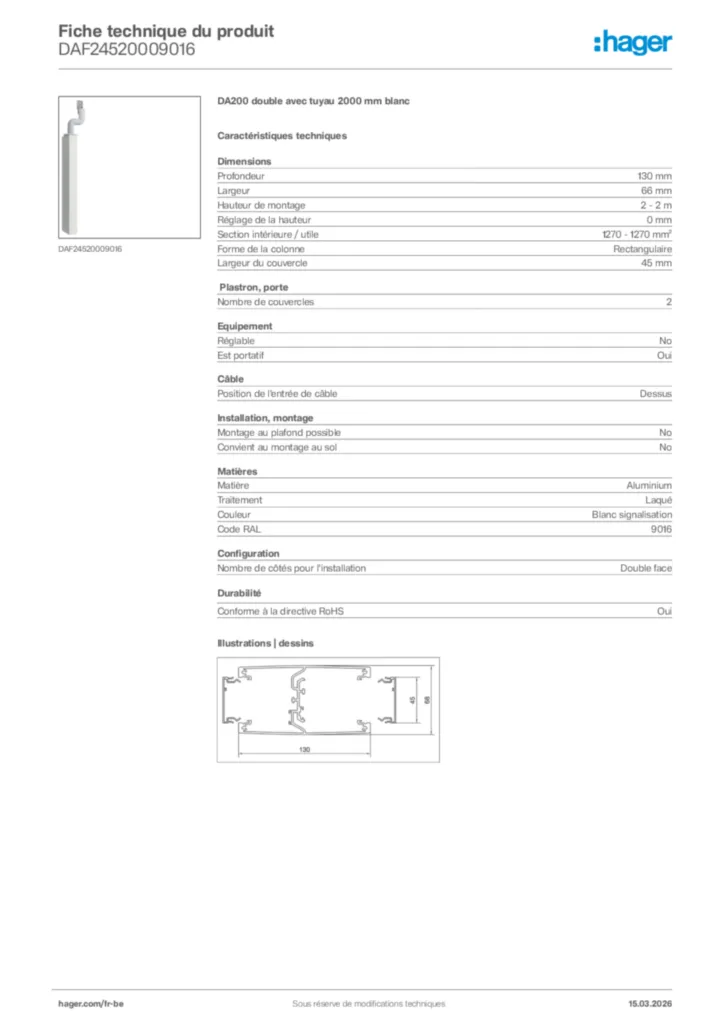 Image Hager Fiche technique du produit DAF24520009016 | Hager Belgique