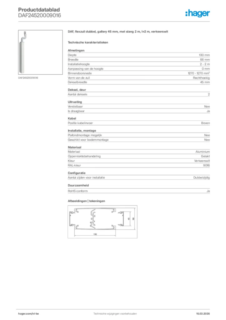 Afbeelding Hager Productdatablad DAF24520009016 | Hager Belgium