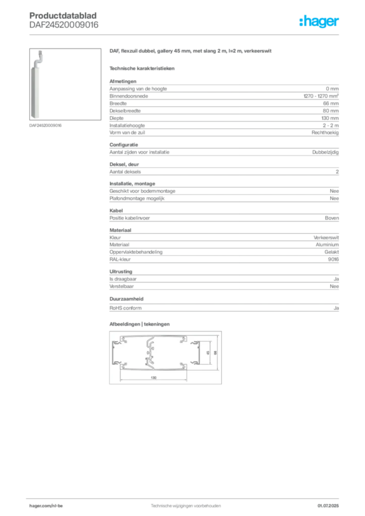 Afbeelding Hager Productdatablad DAF24520009016 | Hager Belgium