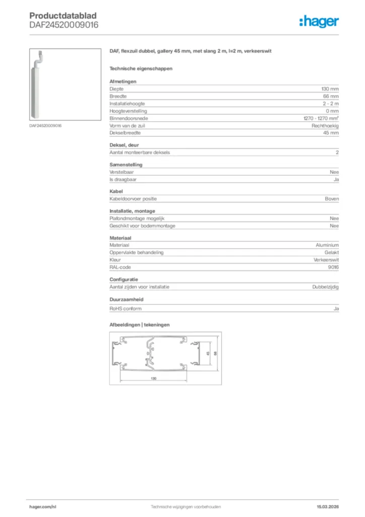Afbeelding Hager Productdatablad DAF24520009016 | Hager Nederland