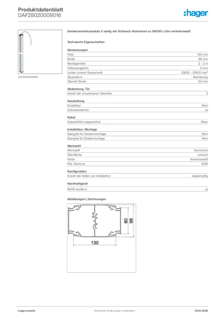 Bild Hager Produktdatenblatt DAF28020009016 | Hager Deutschland