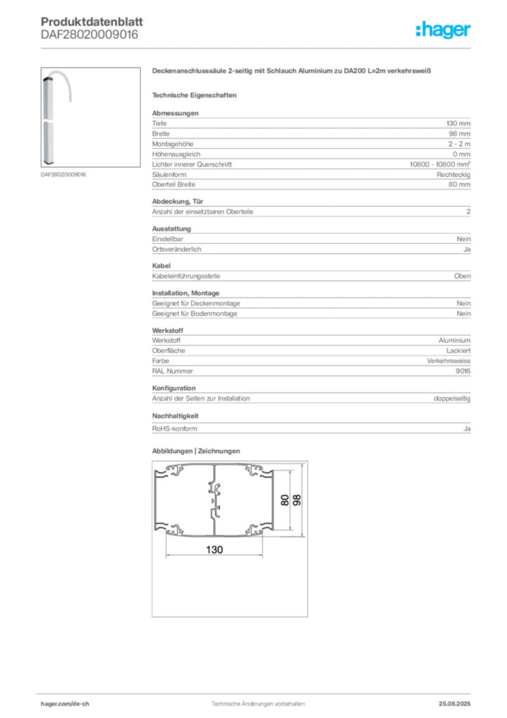 Bild Hager Produktdatenblatt DAF28020009016 | Hager Schweiz