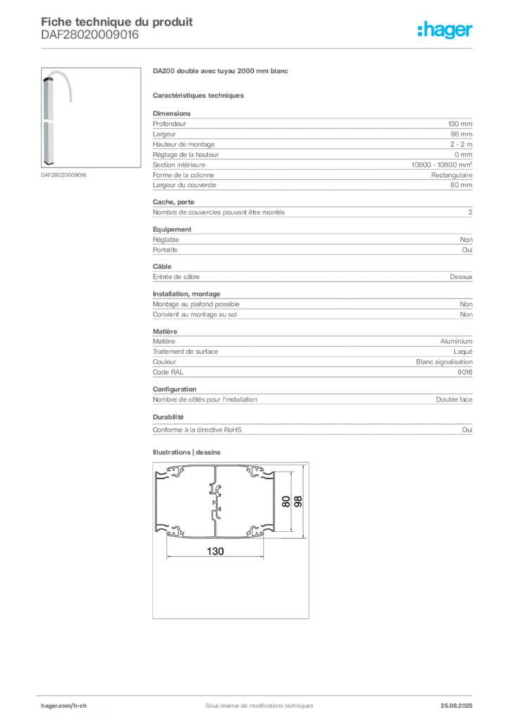Image Hager Fiche technique du produit DAF28020009016 | Hager Suisse